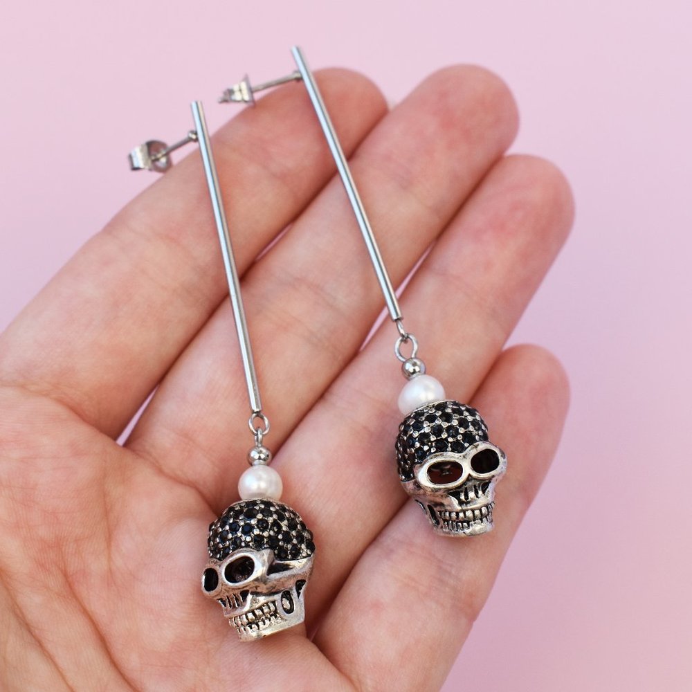 Black crystal skull earrings dangle, real pearl earrings silver tone